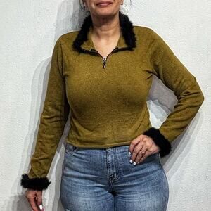 MCNY Copper Metallic Faux Fur Trim Quarter Zip Pullover Sz L